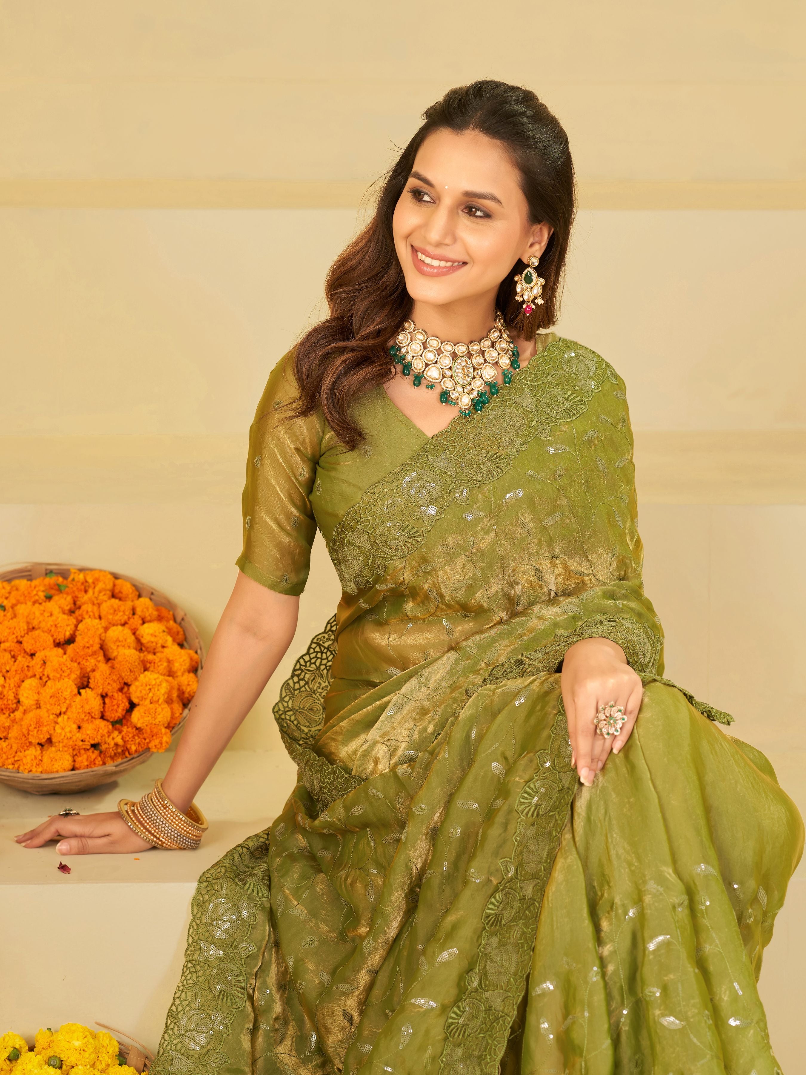 Olive Green Designer Fendy Satin Saree with Heavy Embroidered Border | Premium Festive Party Wear Saree with Blouse