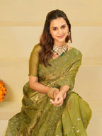 Olive Green Designer Fendy Satin Saree with Heavy Embroidered Border | Premium Festive Party Wear Saree with Blouse
