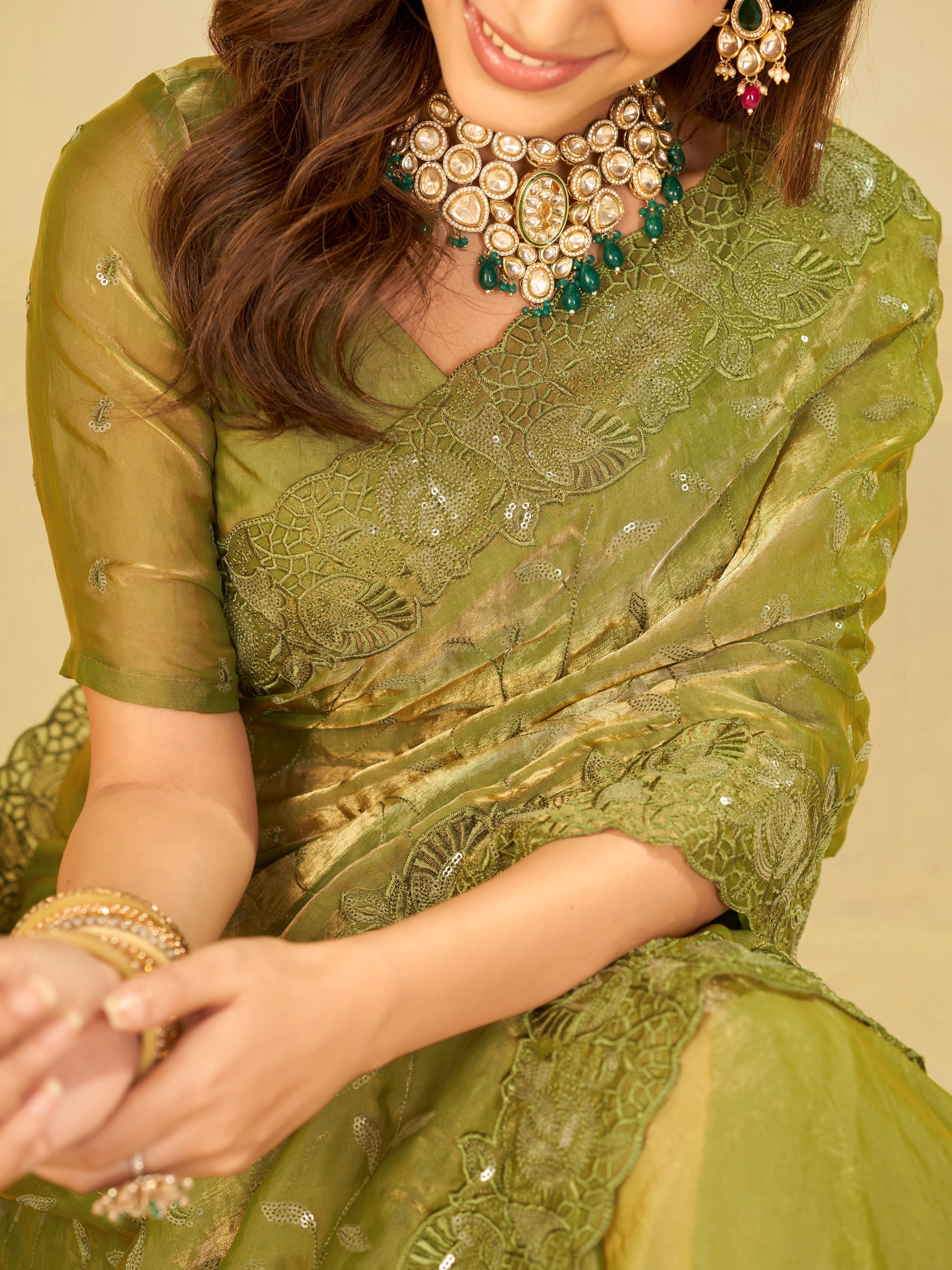 Olive Green Designer Fendy Satin Saree with Heavy Embroidered Border | Premium Festive Party Wear Saree with Blouse