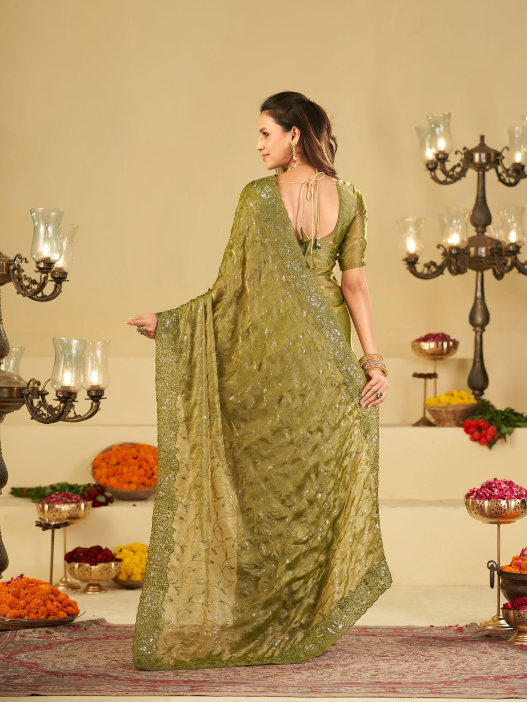 Olive Green Designer Fendy Satin Saree with Heavy Embroidered Border | Premium Festive Party Wear Saree with Blouse
