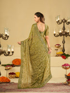 Olive Green Designer Fendy Satin Saree with Heavy Embroidered Border | Premium Festive Party Wear Saree with Blouse