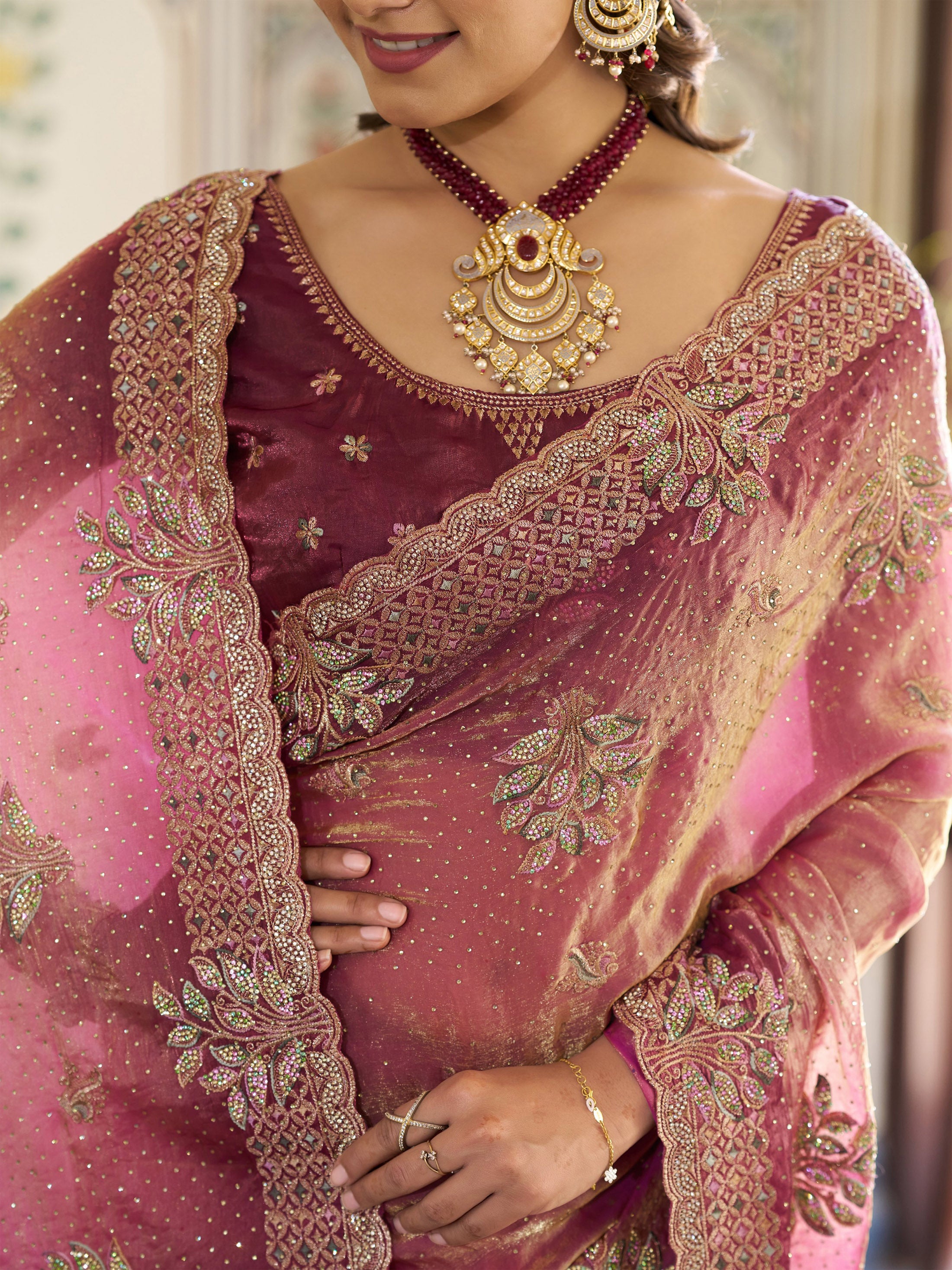 Dual Tone Rose Pink & Wine Fendy Satin Embroidered Saree with Floral Motifs & Zari Border | Designer Festive Saree with Tassels & Heavy Embroidered Blouse