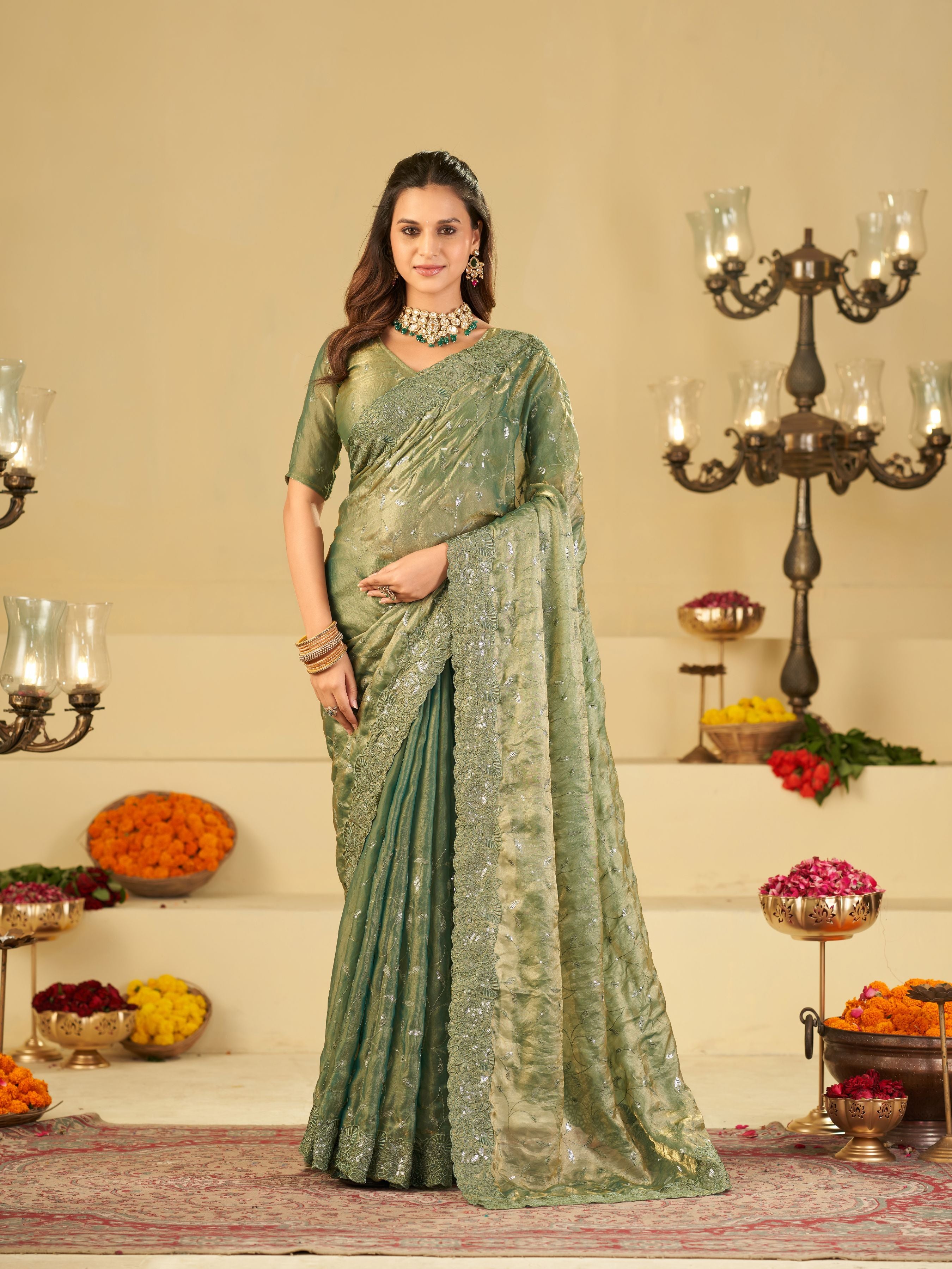 Sea Green Fendy Satin Saree with Heavy Embroidered Border | Designer Party Wear Embroidered Saree with Blouse