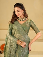 Sea Green Fendy Satin Saree with Heavy Embroidered Border | Designer Party Wear Embroidered Saree with Blouse