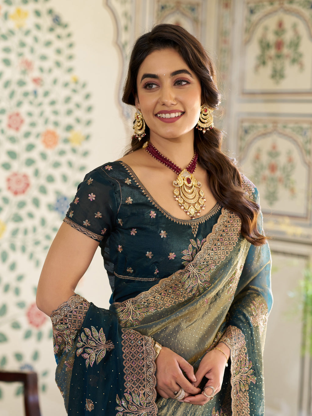 Deep Teal Green Fendy Satin Embroidered Saree with Floral Motifs & Rich Zari Border | Designer Party Wear Saree with Tassels & Heavy Embroidered Blouse