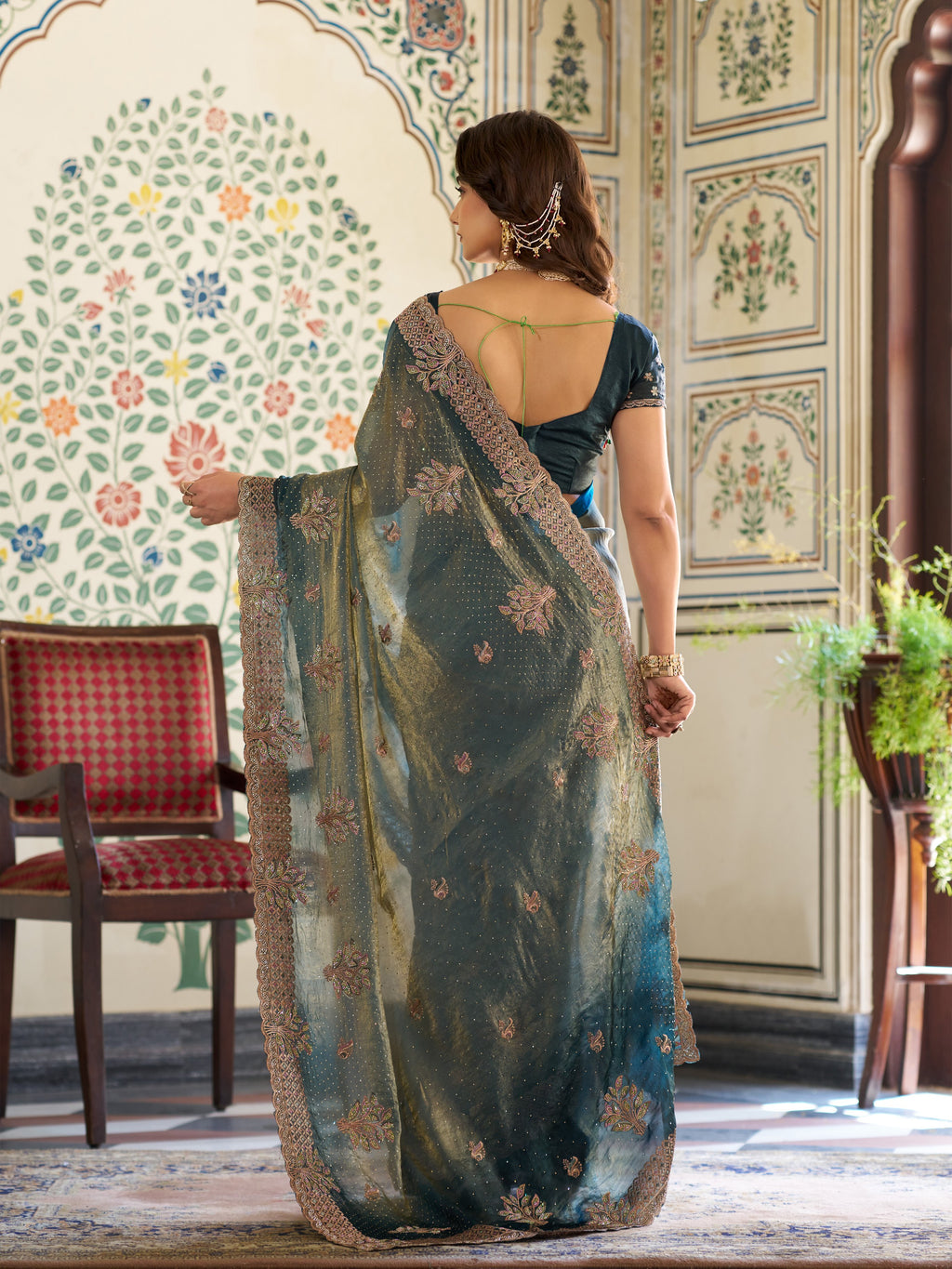 Deep Teal Green Fendy Satin Embroidered Saree with Floral Motifs & Rich Zari Border | Designer Party Wear Saree with Tassels & Heavy Embroidered Blouse