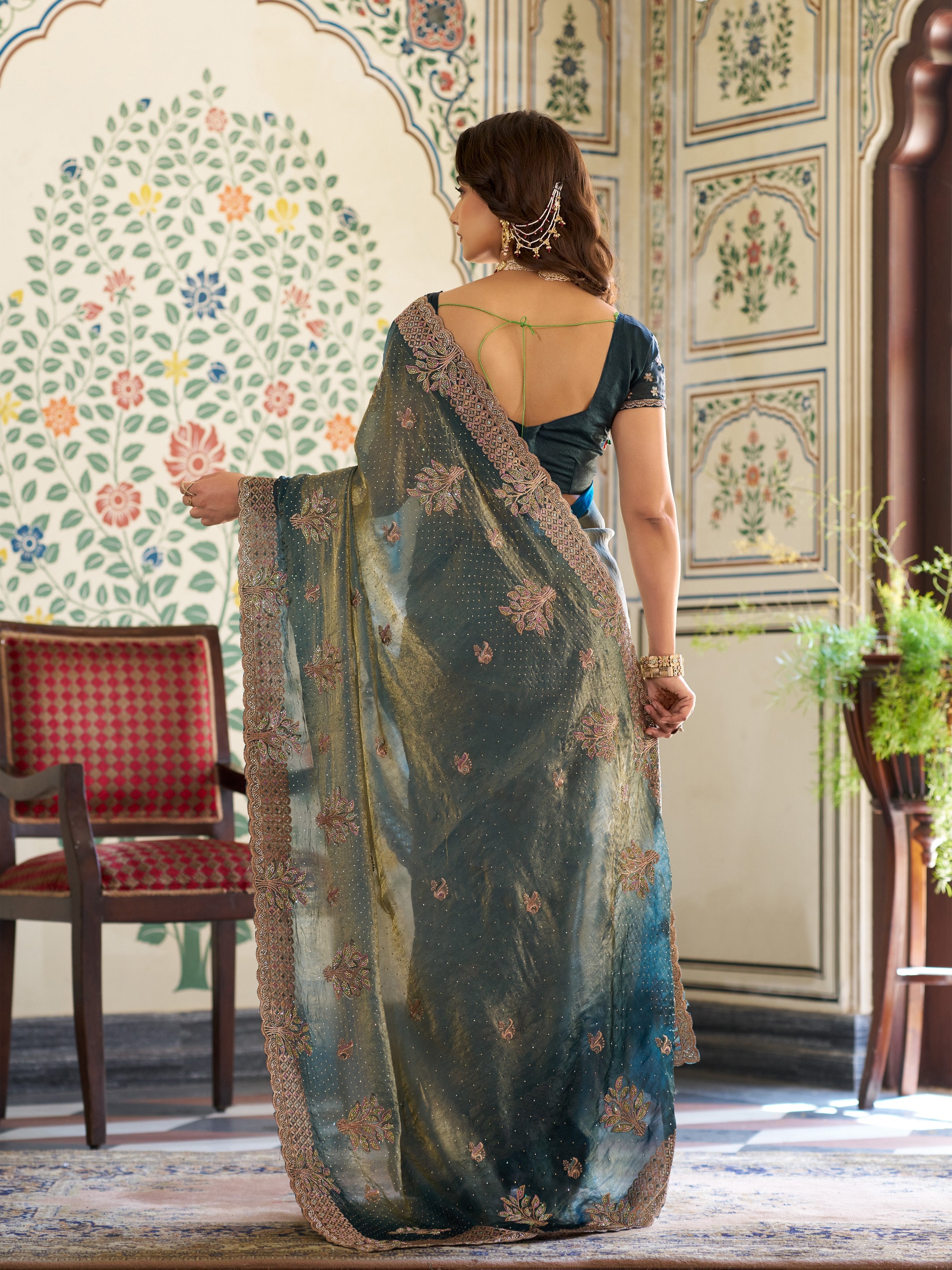 Deep Teal Green Fendy Satin Embroidered Saree with Floral Motifs & Rich Zari Border | Designer Party Wear Saree with Tassels & Heavy Embroidered Blouse