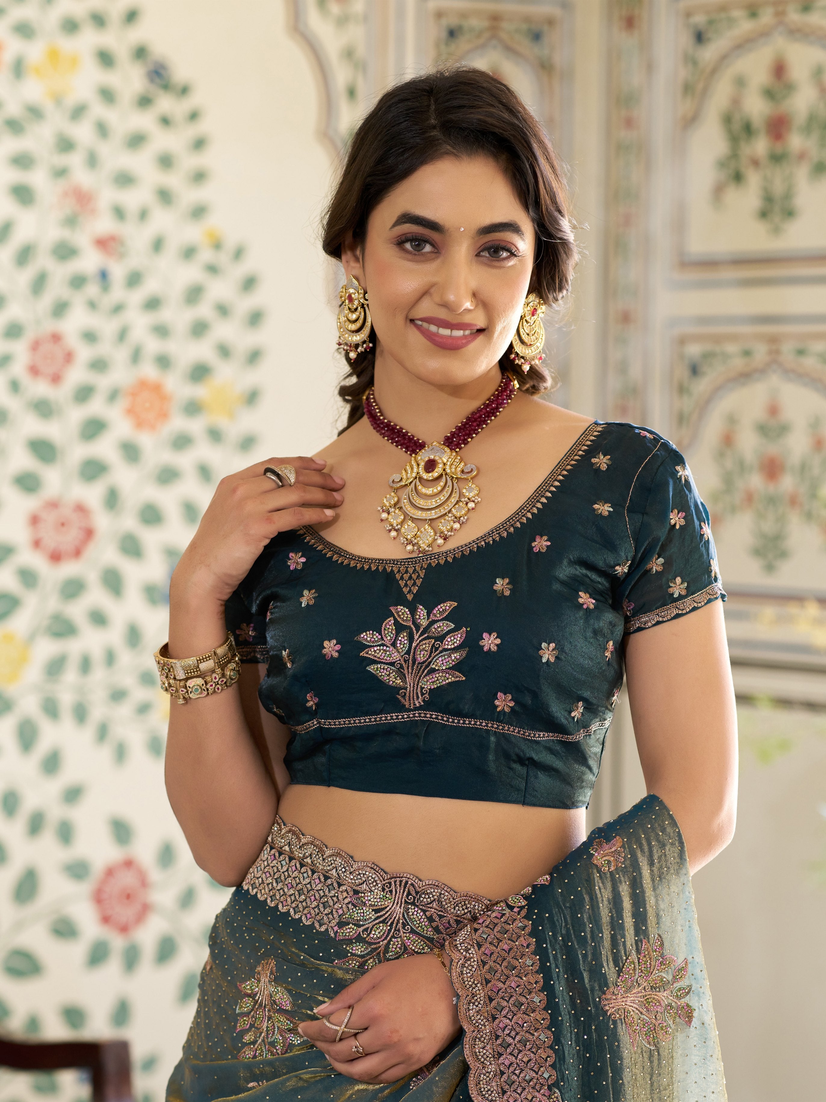 Deep Teal Green Fendy Satin Embroidered Saree with Floral Motifs & Rich Zari Border | Designer Party Wear Saree with Tassels & Heavy Embroidered Blouse