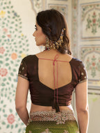 Olive Green Fendy Satin Embroidered Saree with Floral & Paisley Motifs | Designer Zari Border Saree with Tassels & Heavy Embroidered Blouse