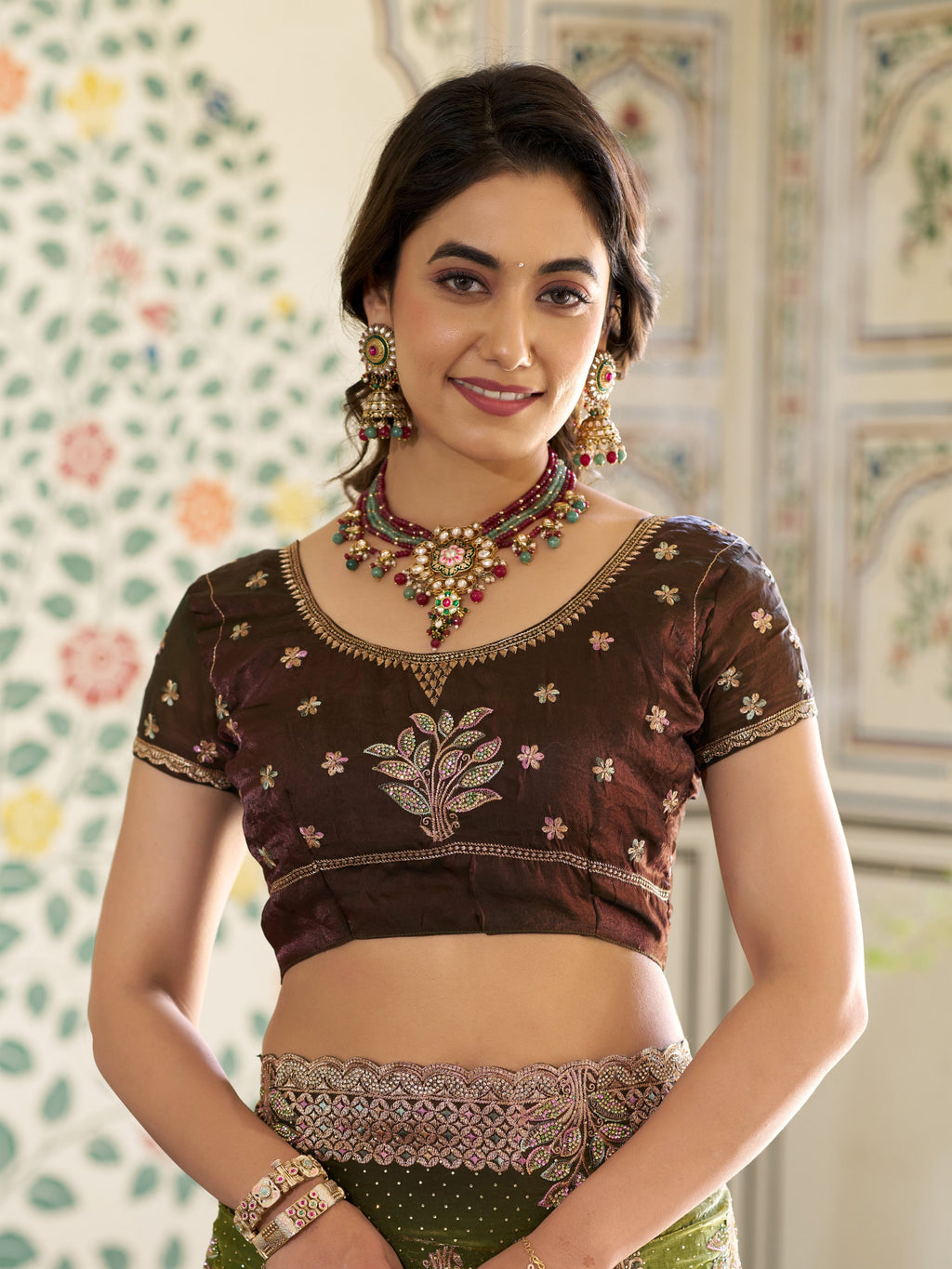 Olive Green Fendy Satin Embroidered Saree with Floral & Paisley Motifs | Designer Zari Border Saree with Tassels & Heavy Embroidered Blouse