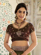 Olive Green Fendy Satin Embroidered Saree with Floral & Paisley Motifs | Designer Zari Border Saree with Tassels & Heavy Embroidered Blouse