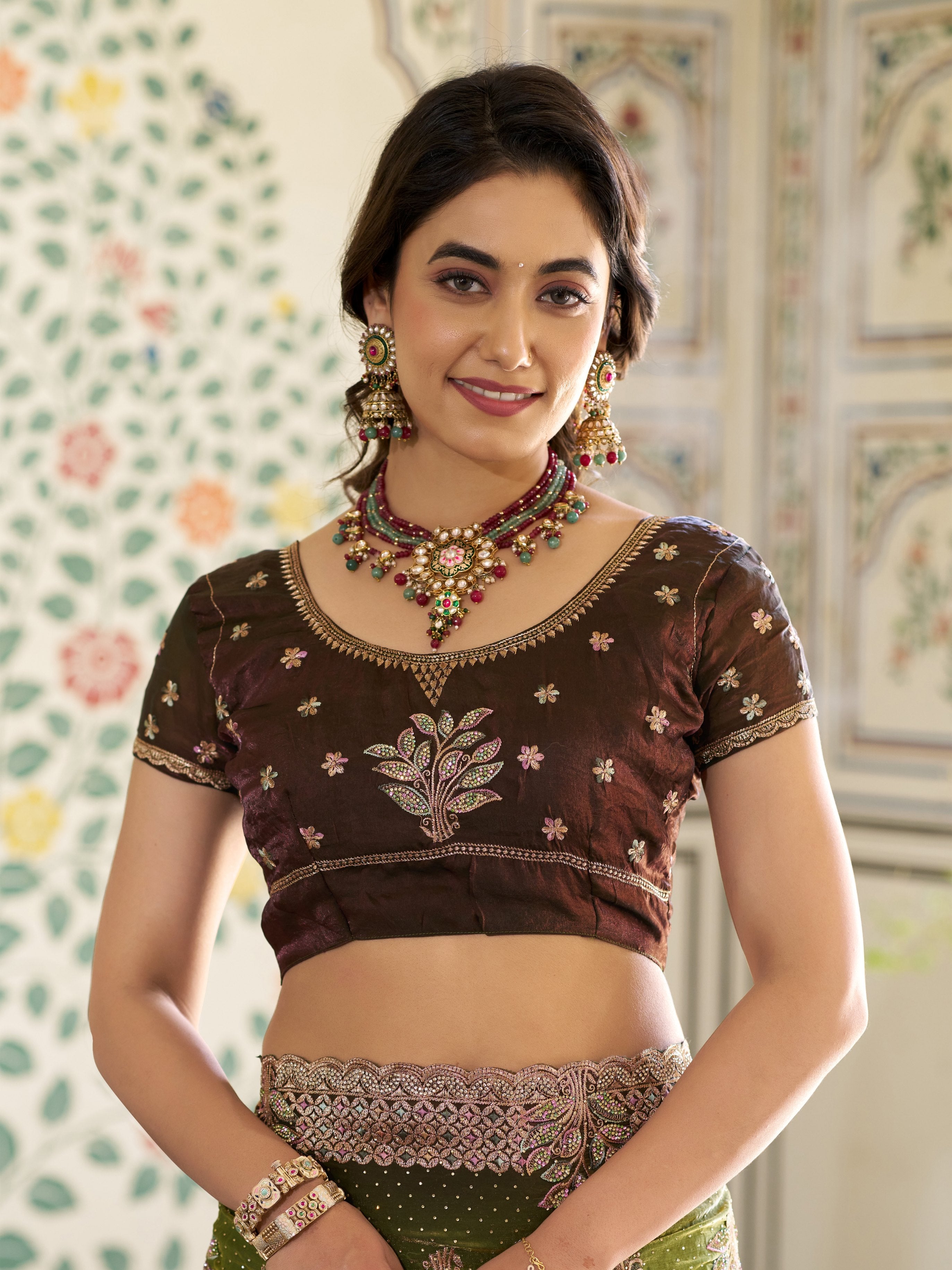 Olive Green Fendy Satin Embroidered Saree with Floral & Paisley Motifs | Designer Zari Border Saree with Tassels & Heavy Embroidered Blouse