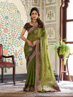 Olive Green Fendy Satin Embroidered Saree with Floral & Paisley Motifs | Designer Zari Border Saree with Tassels & Heavy Embroidered Blouse