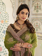 Olive Green Fendy Satin Embroidered Saree with Floral & Paisley Motifs | Designer Zari Border Saree with Tassels & Heavy Embroidered Blouse