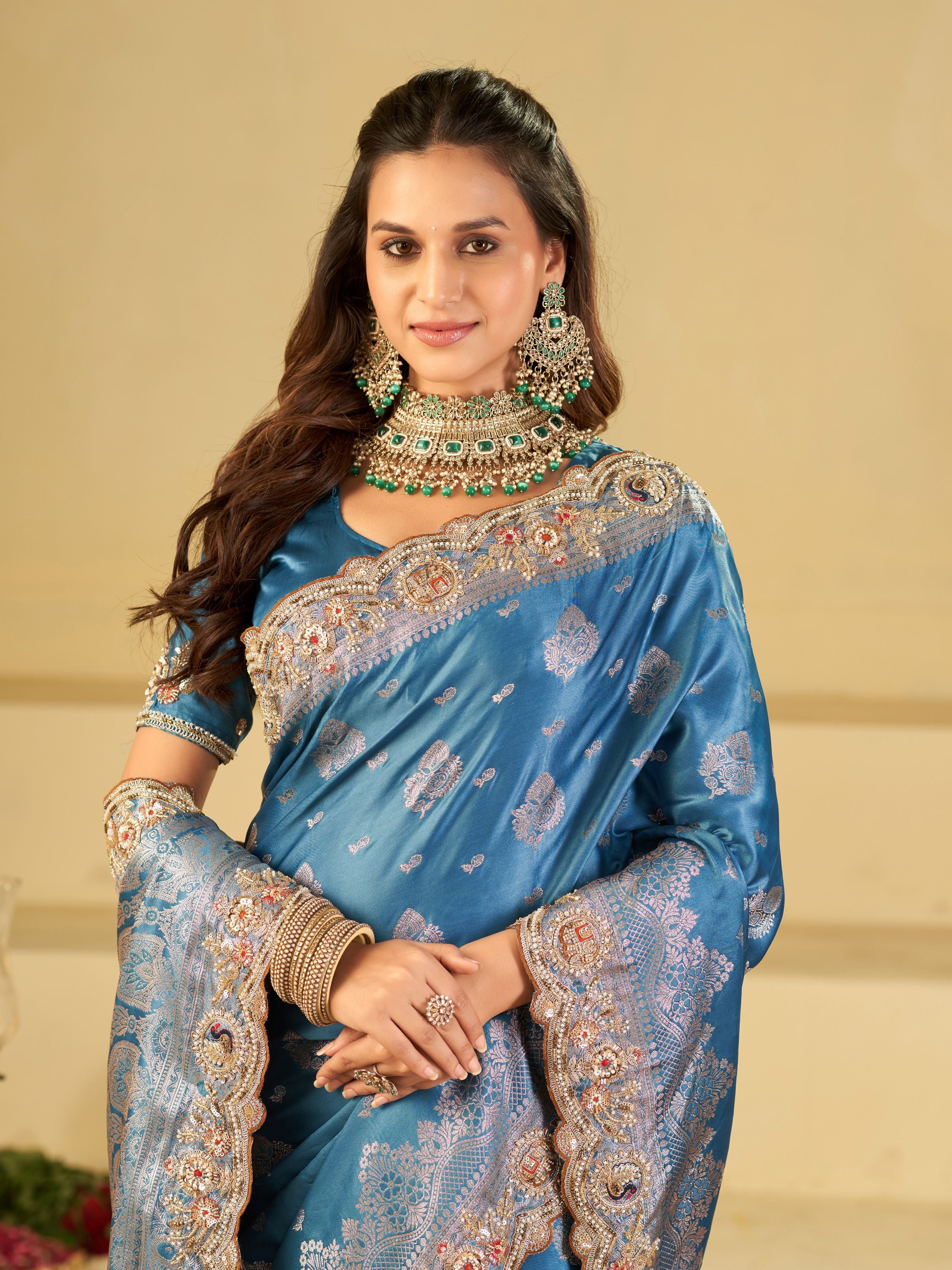 Royal Blue Banarasi Silk Saree with Heavy Embroidered Scallop Border & Rich Zari Woven Pallu | Designer Wedding Festive Saree