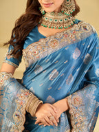 Royal Blue Banarasi Silk Saree with Heavy Embroidered Scallop Border & Rich Zari Woven Pallu | Designer Wedding Festive Saree