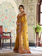 Dual Tone Mustard Yellow & Rust Fendy Satin Embroidered Saree with Floral Motifs & Zari Border | Designer Festive Saree with Tassels & Heavy Embroidered Blouse