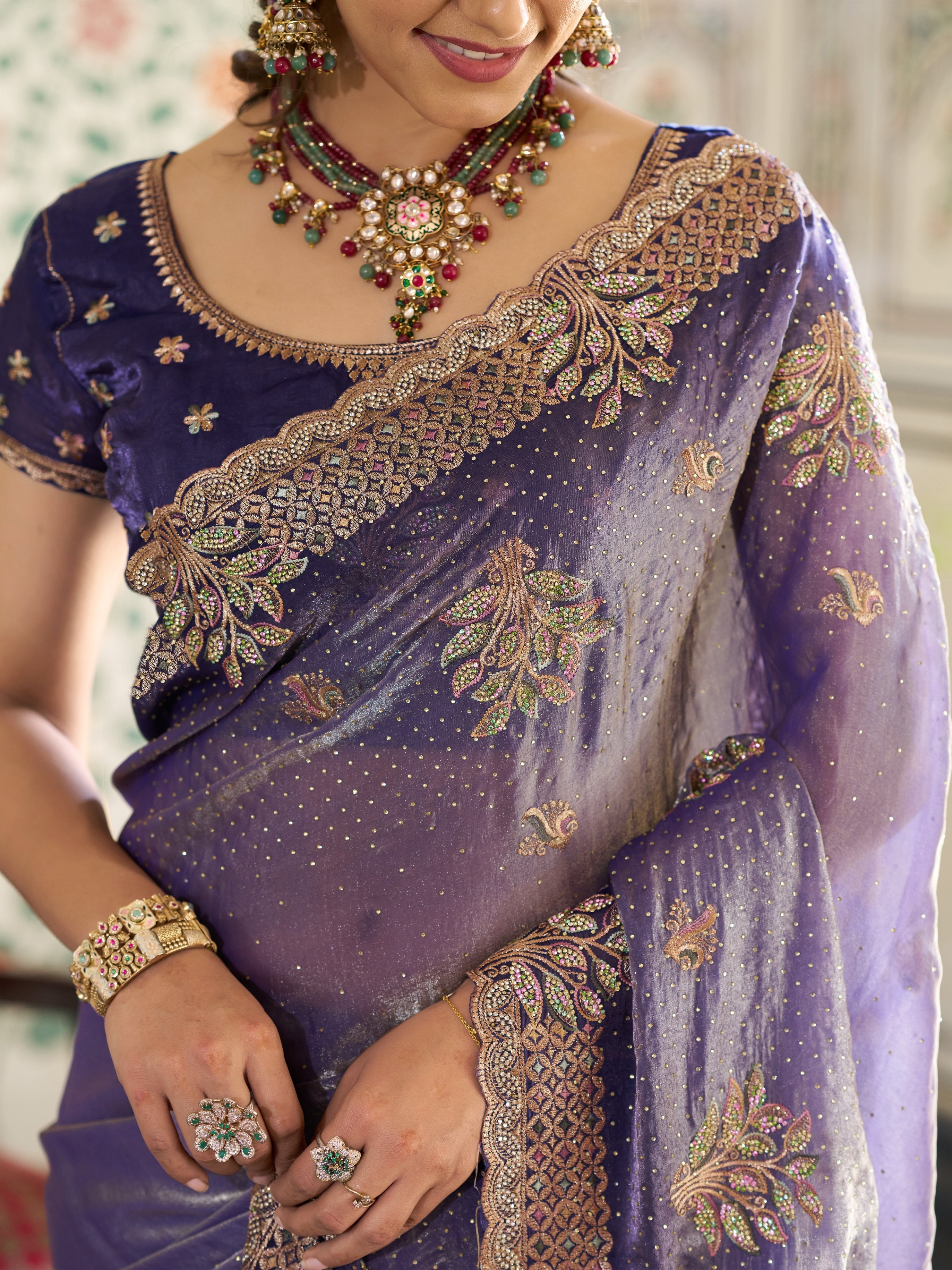 Royal Purple Fendy Satin Embroidered Saree with Floral Motifs & Zari Border | Designer Party Wear Saree with Tassels & Heavy Embroidered Blouse
