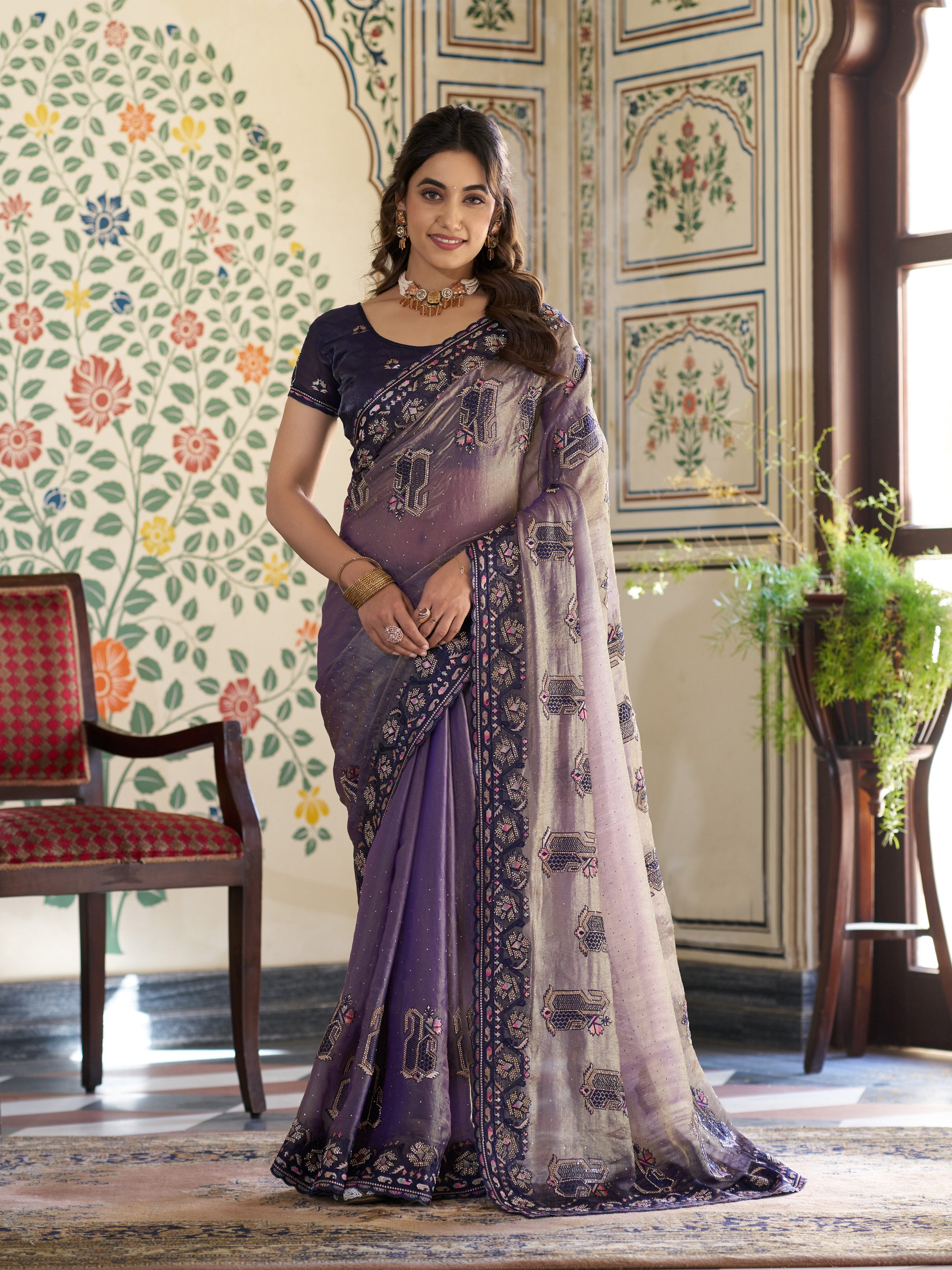 Lavender Purple Fendy Satin Embroidered Saree with Ethnic Elephant Motifs & Designer Zari Border | Festive Saree with Tassels & Heavy Embroidered Blouse