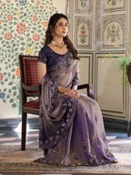 Lavender Purple Fendy Satin Embroidered Saree with Ethnic Elephant Motifs & Designer Zari Border | Festive Saree with Tassels & Heavy Embroidered Blouse