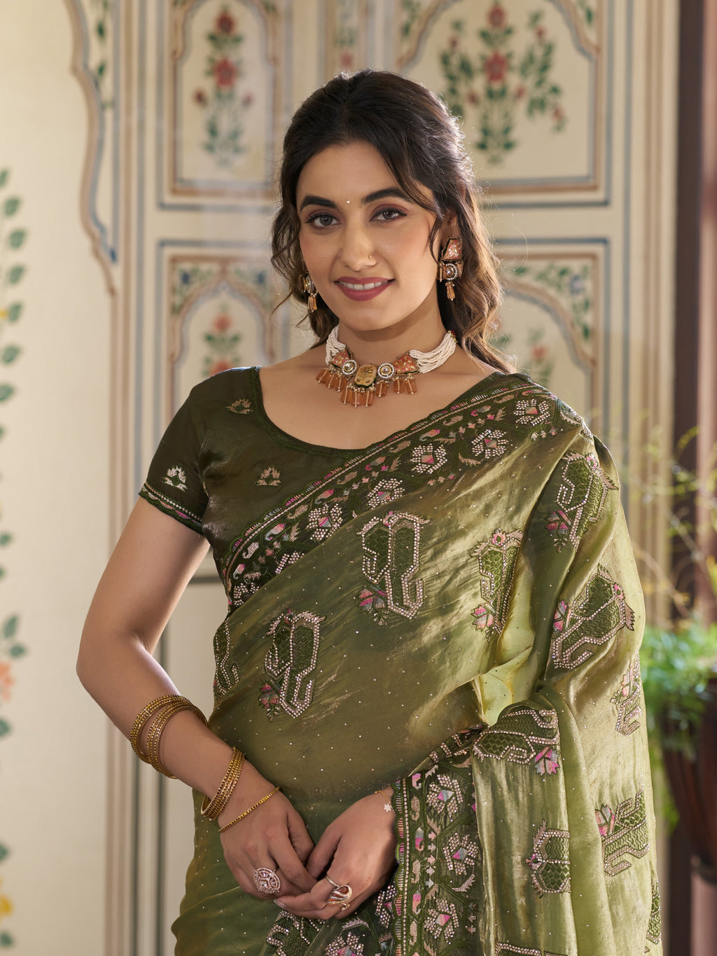 Olive Green Fendy Satin Embroidered Saree with Geometric & Floral Motifs | Designer Zari Border Saree with Tassels & Heavy Embroidered Blouse