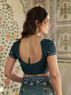 Teal Blue Fendy Satin Embroidered Saree with Ethnic Elephant Motifs & Zari Border | Designer Saree with Tassels & Heavy Embroidered Blouse