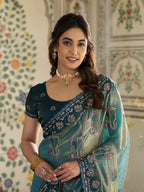Teal Blue Fendy Satin Embroidered Saree with Ethnic Elephant Motifs & Zari Border | Designer Saree with Tassels & Heavy Embroidered Blouse