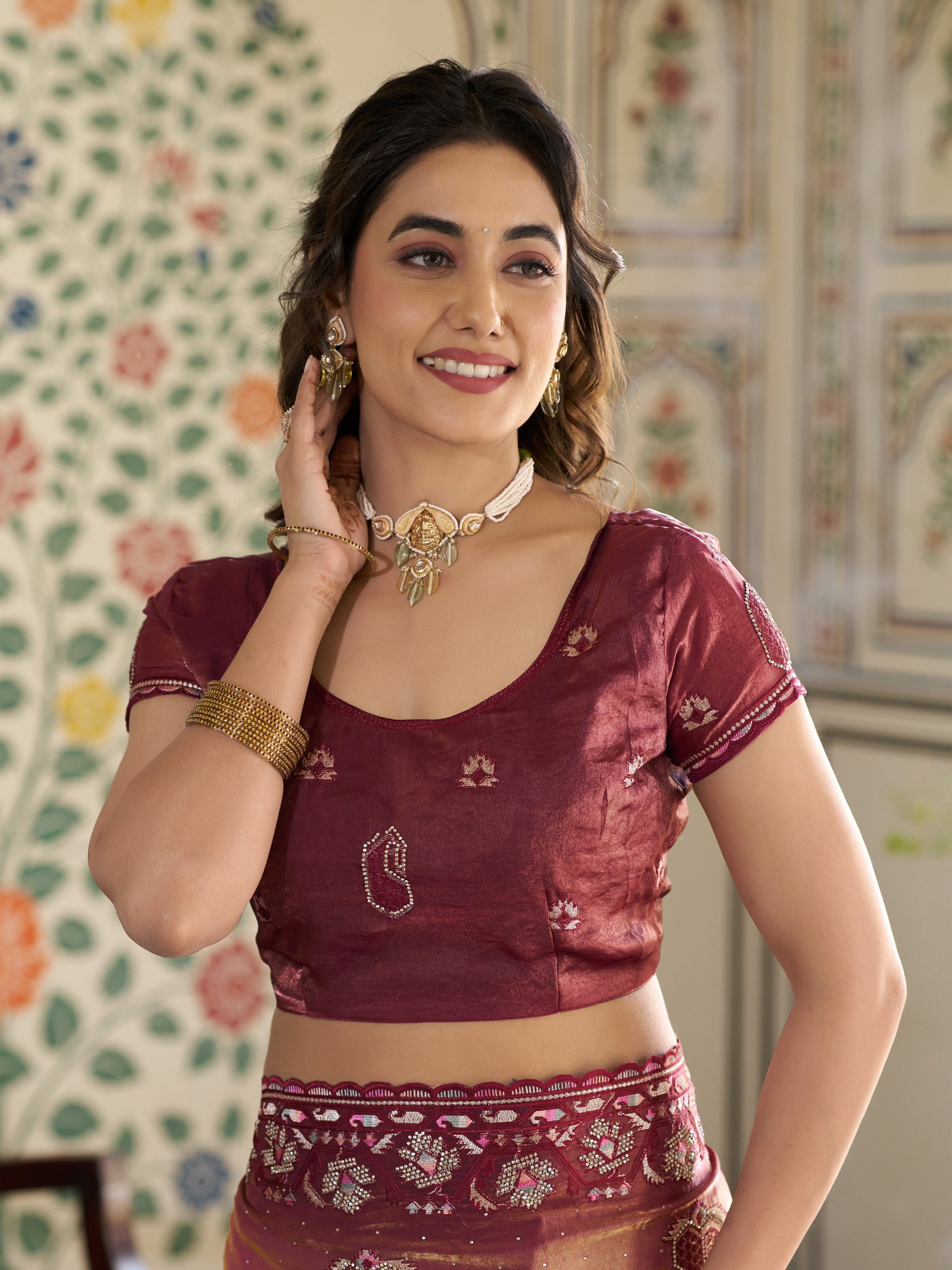 Wine Pink Fendy Satin Embroidered Saree with Ethnic Motifs & Zari Border | Designer Saree with Tassels & Heavy Embroidered Blouse