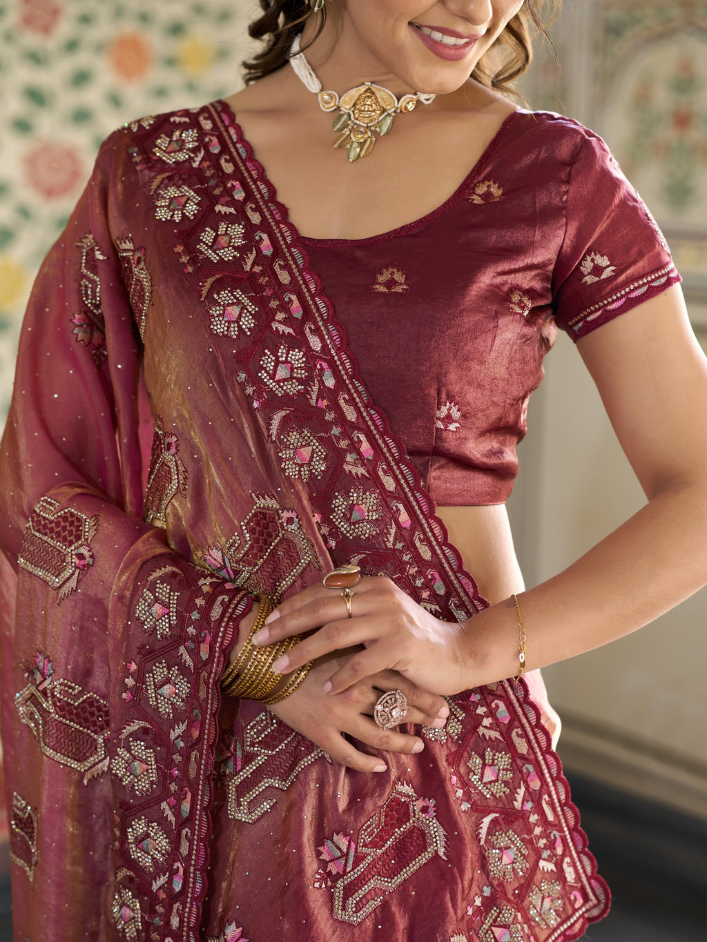 Wine Pink Fendy Satin Embroidered Saree with Ethnic Motifs & Zari Border | Designer Saree with Tassels & Heavy Embroidered Blouse