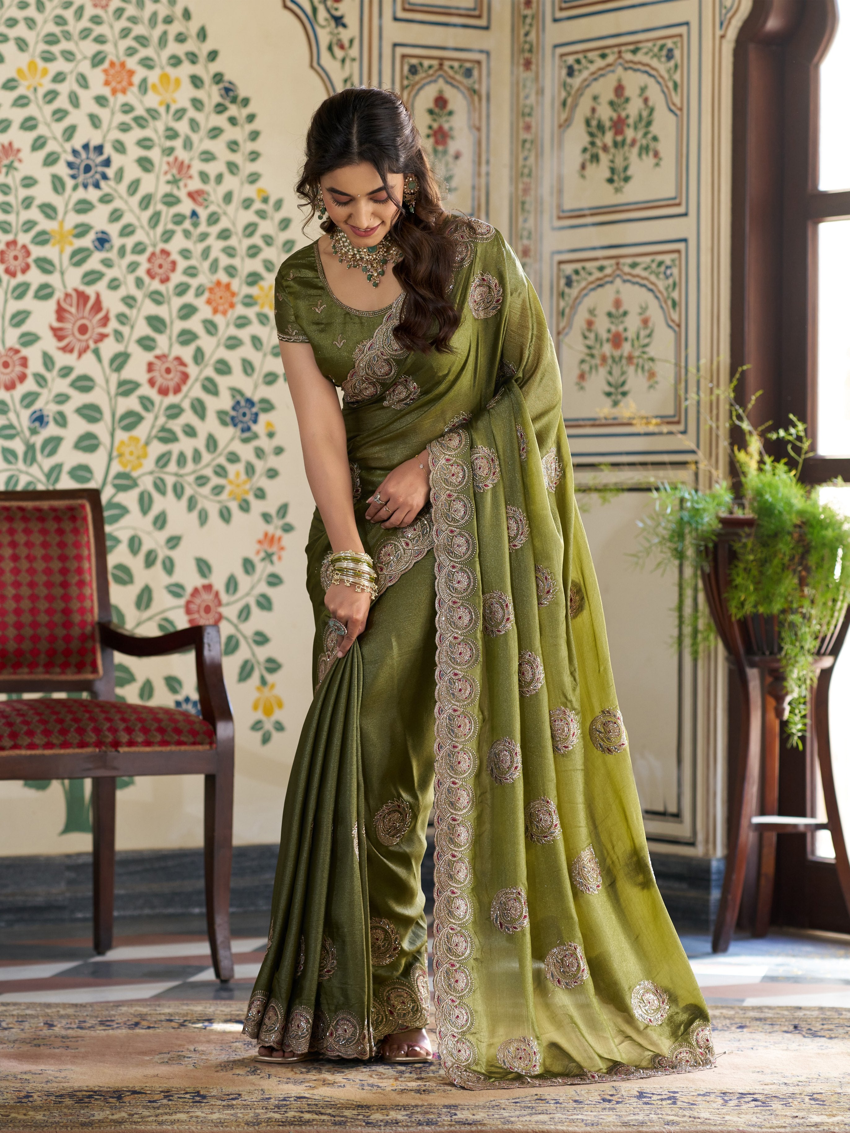 Olive Green Fendy Satin Embroidered Saree with Circular Motifs & Heavy Zari Border | Designer Saree with Tassels & Embroidered Blouse