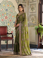 Olive Green Fendy Satin Embroidered Saree with Circular Motifs & Heavy Zari Border | Designer Saree with Tassels & Embroidered Blouse