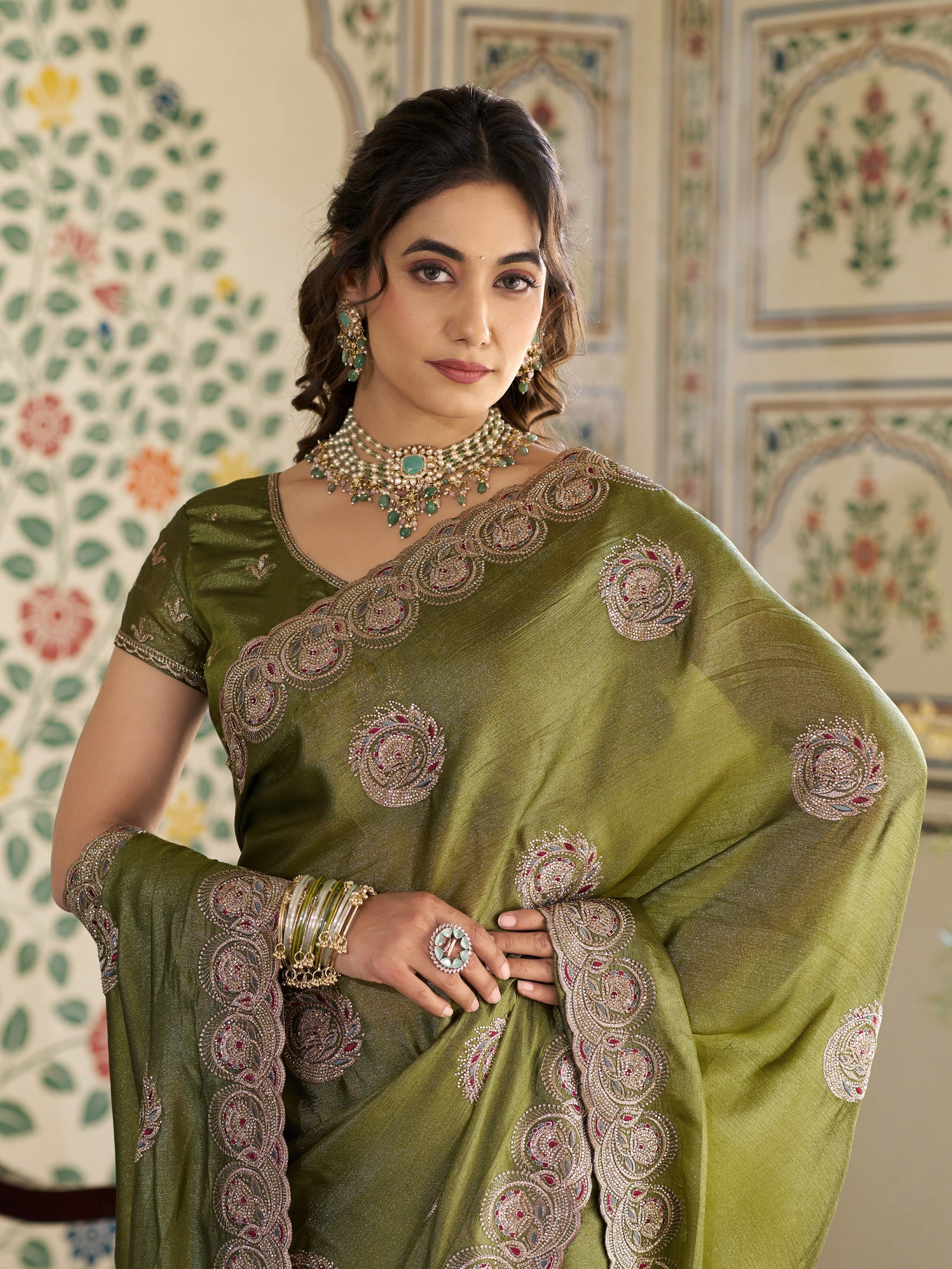 Olive Green Fendy Satin Embroidered Saree with Circular Motifs & Heavy Zari Border | Designer Saree with Tassels & Embroidered Blouse