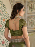Olive Green Fendy Satin Embroidered Saree with Circular Motifs & Heavy Zari Border | Designer Saree with Tassels & Embroidered Blouse