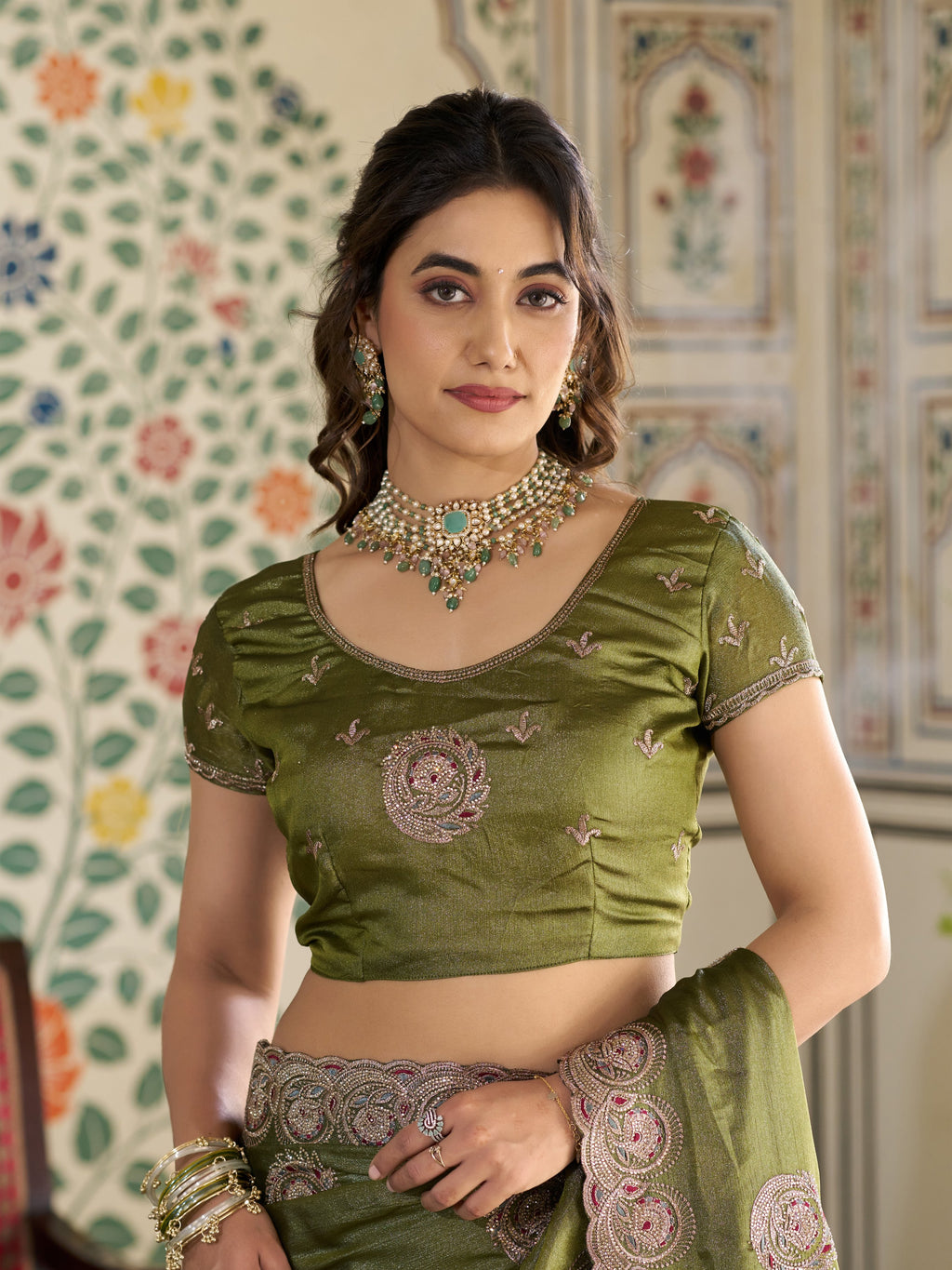 Olive Green Fendy Satin Embroidered Saree with Circular Motifs & Heavy Zari Border | Designer Saree with Tassels & Embroidered Blouse