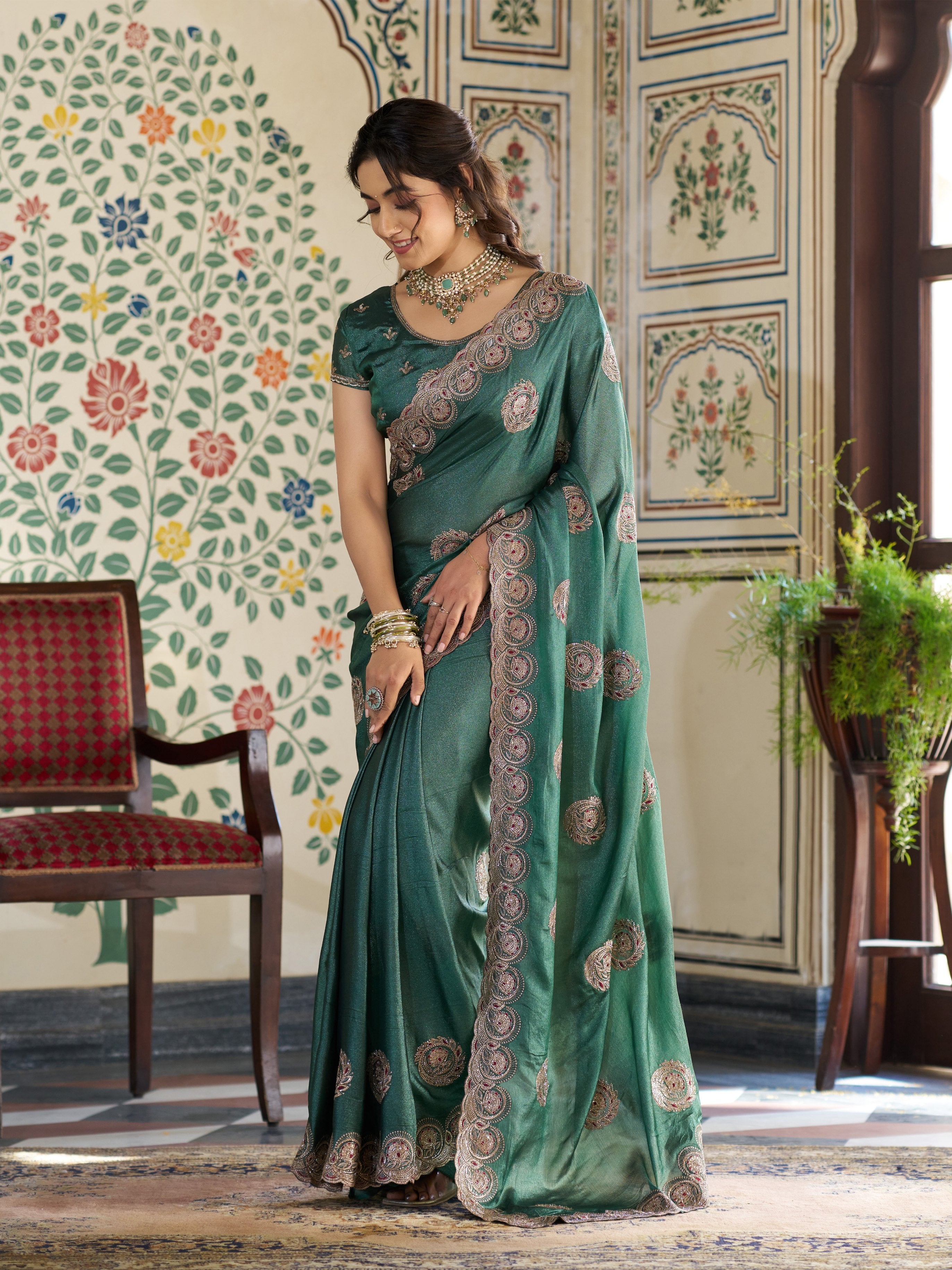 Emerald Green Fendy Satin Designer Saree with Circular Embroidery & Heavy Zari Border | Festive Party Wear Saree with Blouse