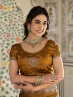 Antique Mustard Gold Fendy Satin Designer Saree with Zari Circular Motifs & Heavy Embroidered Border | Festive Wedding Wear Saree with Blouse