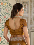 Antique Mustard Gold Fendy Satin Designer Saree with Zari Circular Motifs & Heavy Embroidered Border | Festive Wedding Wear Saree with Blouse