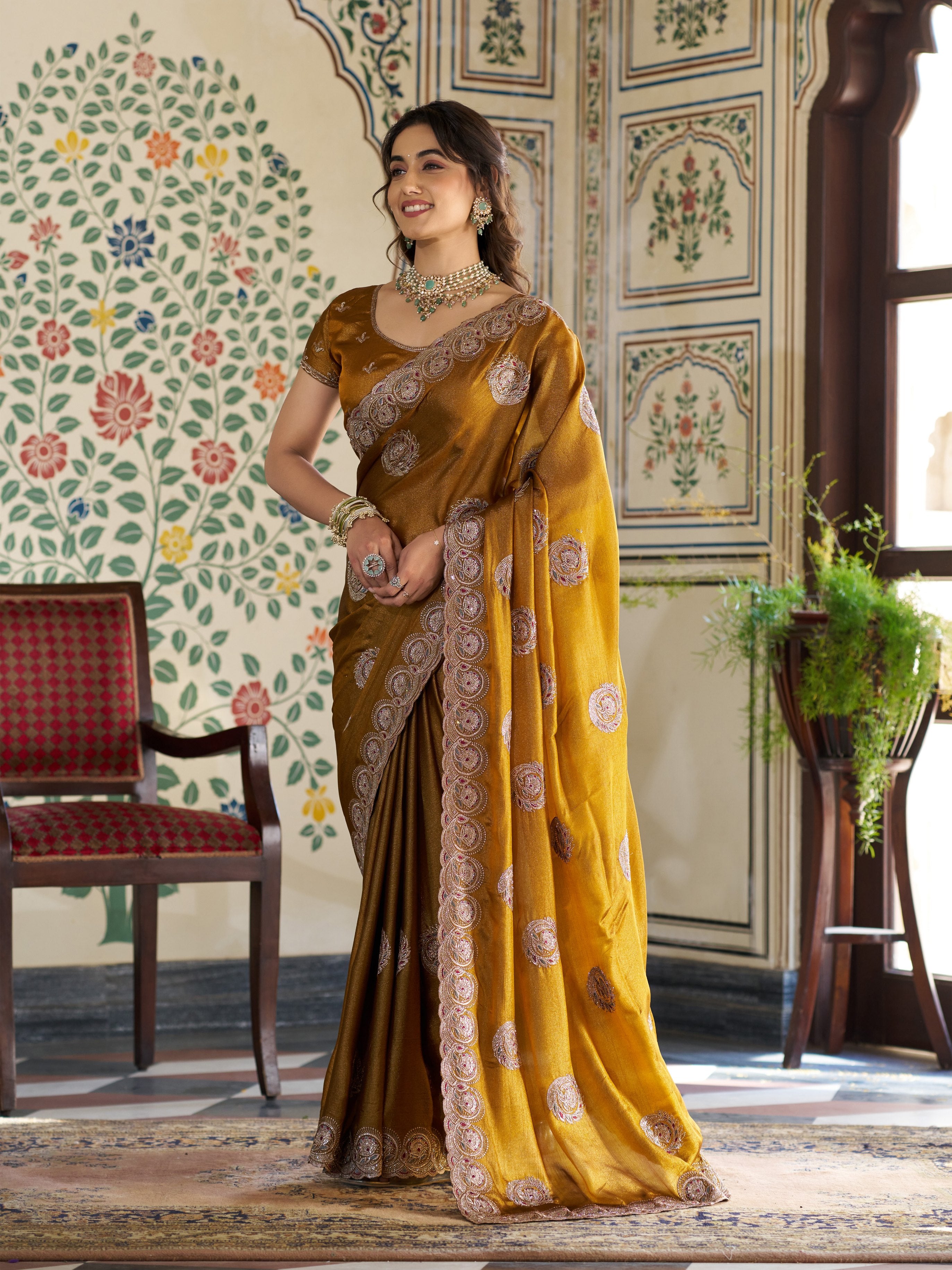 Antique Mustard Gold Fendy Satin Designer Saree with Zari Circular Motifs & Heavy Embroidered Border | Festive Wedding Wear Saree with Blouse