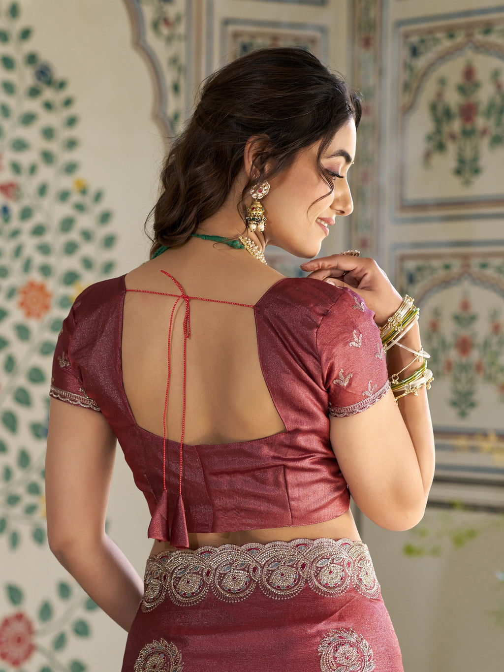 Rust Red Fendy Satin Embroidered Saree with Circular Motifs & Heavy Zari Border | Designer Saree with Tassels & Embroidered Blouse