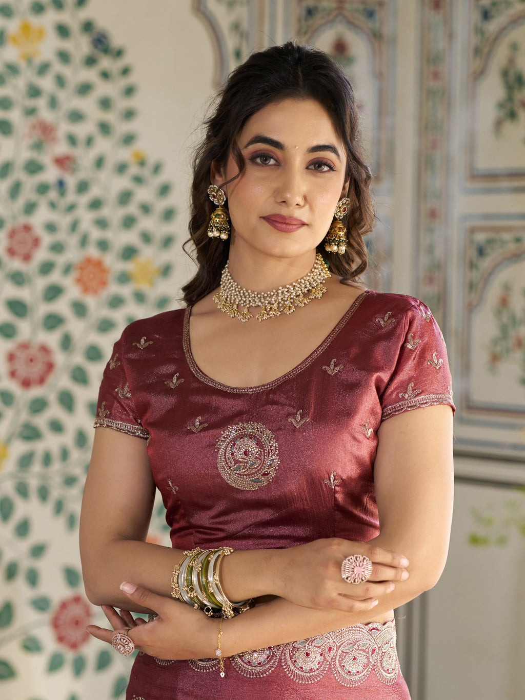 Rust Red Fendy Satin Embroidered Saree with Circular Motifs & Heavy Zari Border | Designer Saree with Tassels & Embroidered Blouse