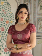 Rust Red Fendy Satin Embroidered Saree with Circular Motifs & Heavy Zari Border | Designer Saree with Tassels & Embroidered Blouse