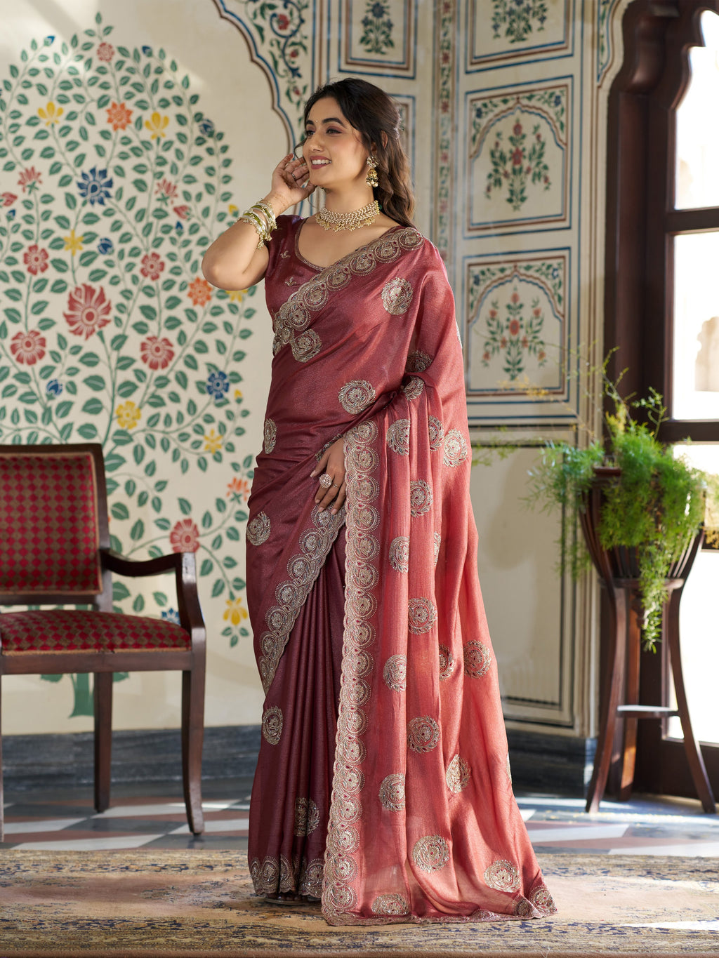 Rust Red Fendy Satin Embroidered Saree with Circular Motifs & Heavy Zari Border | Designer Saree with Tassels & Embroidered Blouse