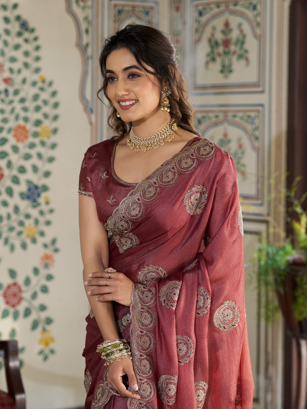 Rust Red Fendy Satin Embroidered Saree with Circular Motifs & Heavy Zari Border | Designer Saree with Tassels & Embroidered Blouse