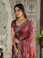 Rust Red Fendy Satin Embroidered Saree with Circular Motifs & Heavy Zari Border | Designer Saree with Tassels & Embroidered Blouse