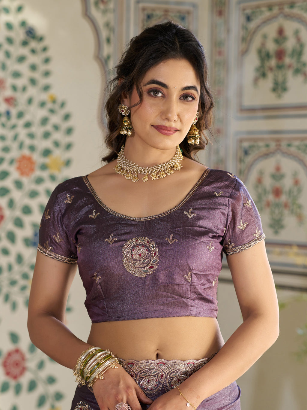 Dusty Mauve Fendy Satin Designer Saree with Zari Circular Motifs & Rich Embroidered Border | Elegant Party Wear Saree with Blouse