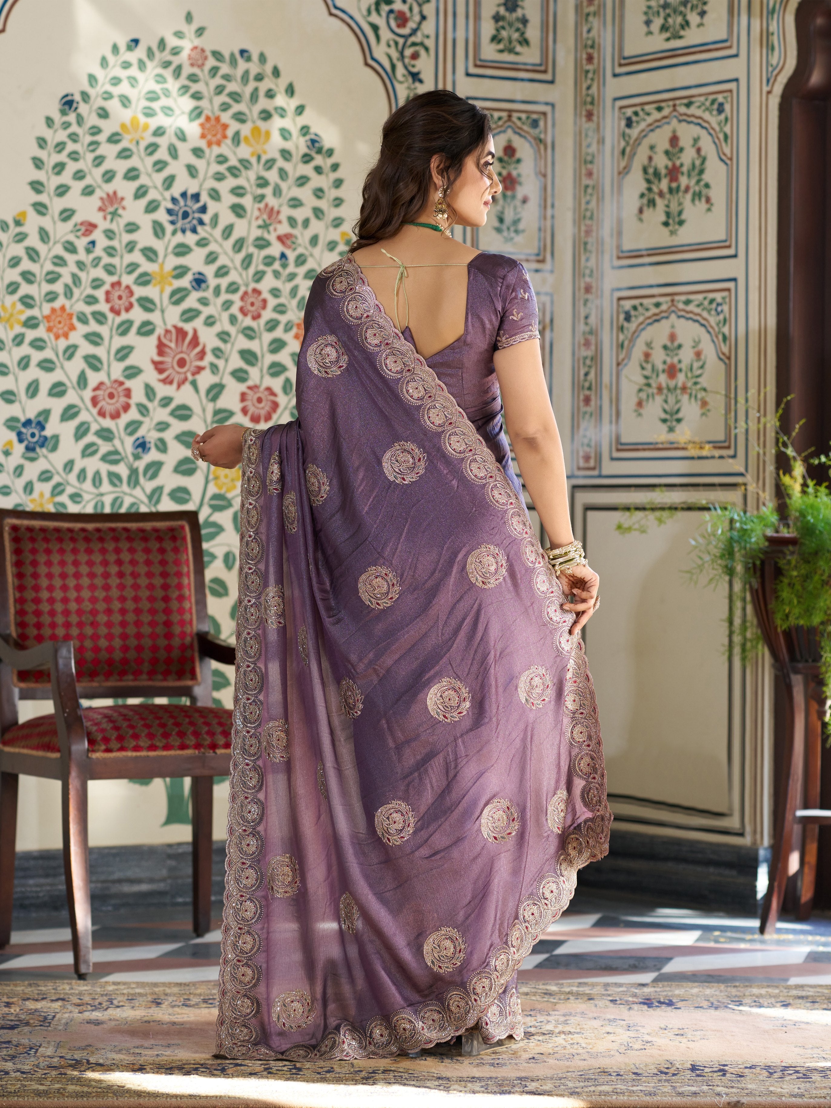 Dusty Mauve Fendy Satin Designer Saree with Zari Circular Motifs & Rich Embroidered Border | Elegant Party Wear Saree with Blouse