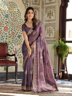 Dusty Mauve Fendy Satin Designer Saree with Zari Circular Motifs & Rich Embroidered Border | Elegant Party Wear Saree with Blouse