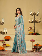 Sky Blue Designer Fendy Satin Saree with Embroidered Leaf Motifs & Heavy Lace Border | Elegant Festive Party Wear Saree with Matching Blouse