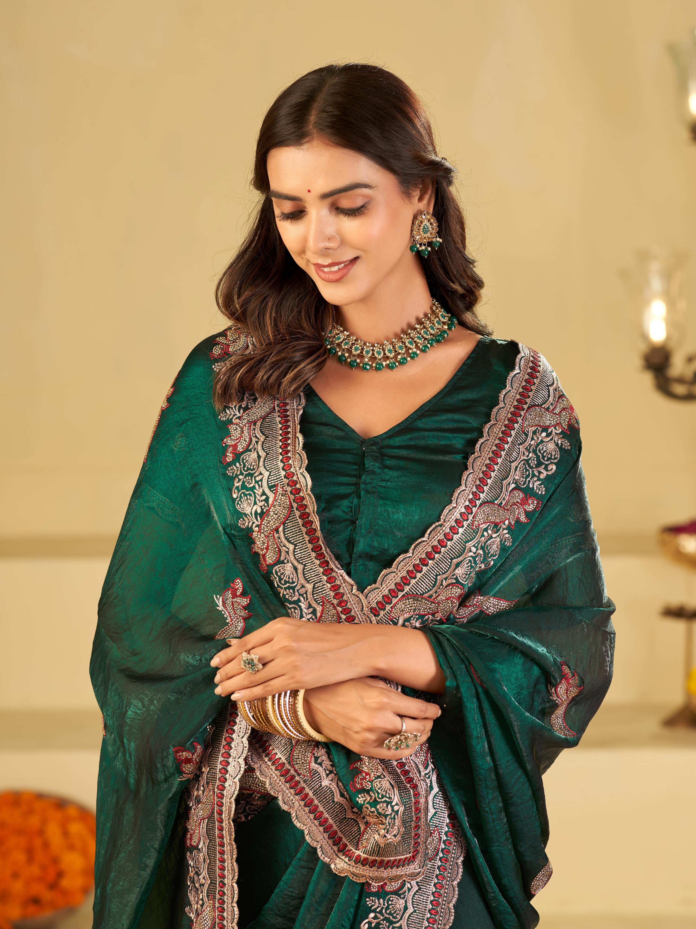 Emerald Green Designer Fendy Satin Saree with Heavy Embroidered Border | Premium Festive Party Wear Saree with Intricate Embroidery & Matching Blouse