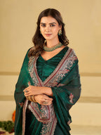 Emerald Green Designer Fendy Satin Saree with Heavy Embroidered Border | Premium Festive Party Wear Saree with Intricate Embroidery & Matching Blouse